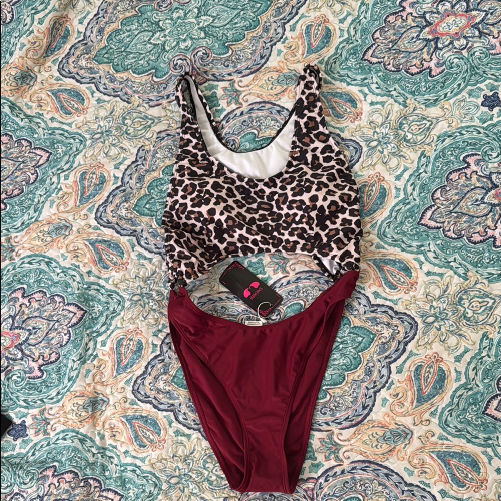 Leopard Print and Burgundy Swimsuit
